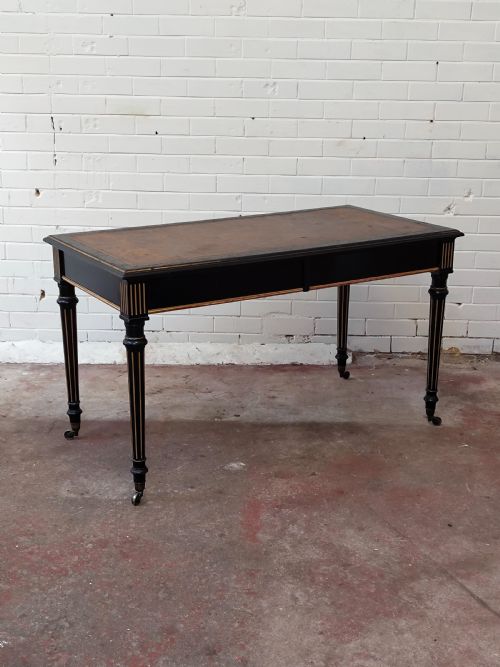 ANTIQUE VICTORIAN ENGLISH AESTHETIC MOVEMENT EBONISED LEATHER TOP LIBRARY WRITING TABLE - ADDITIONAL PHOTO 18
