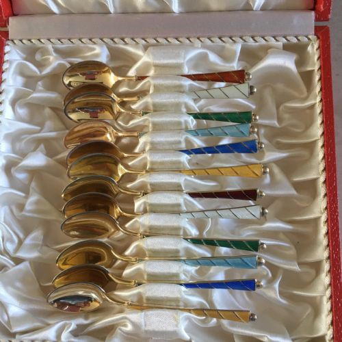 danish silver gilt and enamel coffee spoons 1960s - CATEGORY: ANTIQUE SILVER - DATED 1960