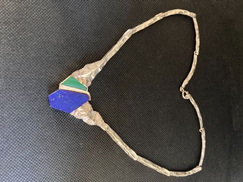 DANISH SILVER NECKLACE WITH LAPIS LAZULI AND MALACHITE 1960S BY N E FROM - ADDITIONAL PHOTO 1