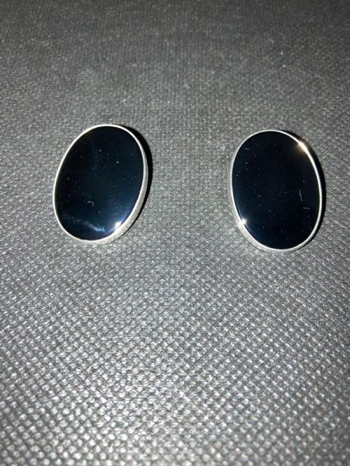 danish silver and onyx ear clips 1960s by n e from - CATEGORY: ANTIQUE JEWELLERY - DATED 1960