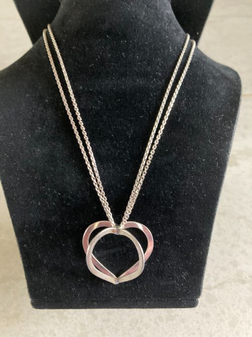 danish silver heart pendant on double chain 1960s - CATEGORY: ANTIQUE JEWELLERY - DATED 1960