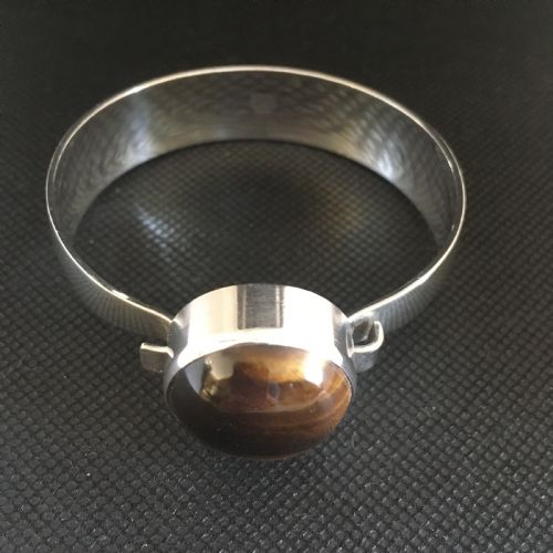 DANISH SILVER BANGLE WITH TIGERS EYE 1960S BY N E FROM - ADDITIONAL PHOTO 1