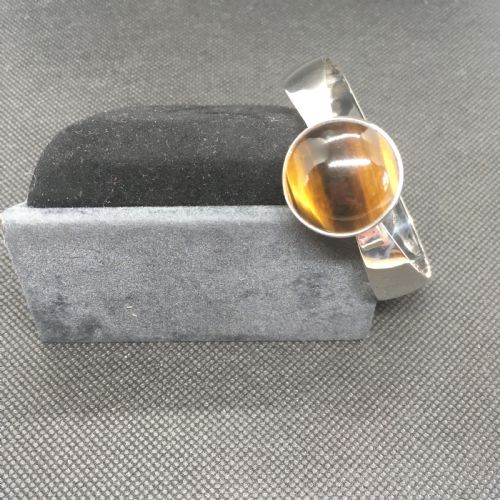 DANISH SILVER BANGLE WITH TIGERS EYE 1960S BY N E FROM - ADDITIONAL PHOTO 2