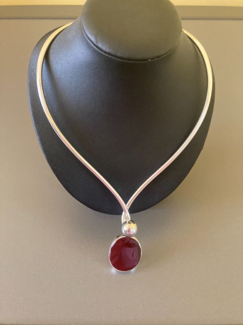 DANISH SILVER TORQUE WITH RED AGATE 1960S BY N E FROM - ADDITIONAL PHOTO 4