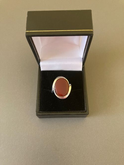 DANISH SILVER AND RED AGATE RING BY N E FROM 1960S - ADDITIONAL PHOTO 1