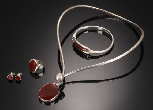 DANISH SILVER AND RED AGATE EARRINGS BY N E FROM 1960S - ADDITIONAL PHOTO 4