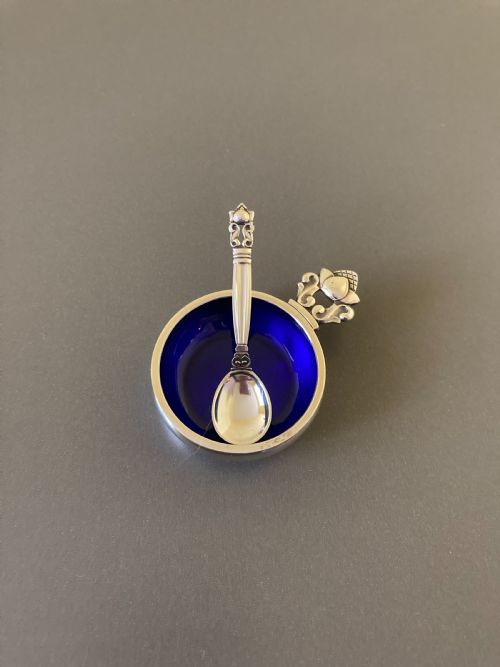 georg jensen danish silver salt and spoon acorn pattern - CATEGORY: ANTIQUE SILVER - DATED 1950