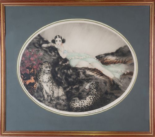 louis icart thais lady with leopards etching 1927 - CATEGORY: ANTIQUE ART - DATED 1920