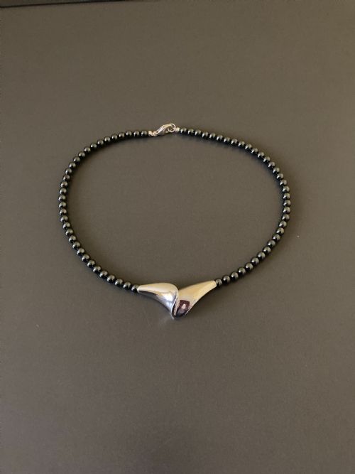 danish silver pendant on hematite necklace 1960s - CATEGORY: ANTIQUE JEWELLERY - DATED 1960