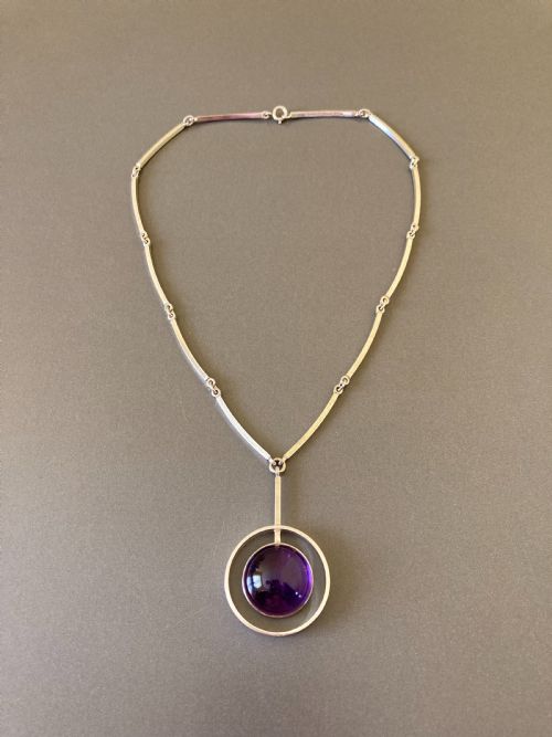 danish silver necklace with amethyst pendant 1960s by n e from - CATEGORY: ANTIQUE JEWELLERY - DATED 1960