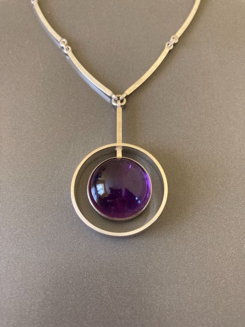 DANISH SILVER NECKLACE WITH AMETHYST PENDANT 1960S BY N E FROM - ADDITIONAL PHOTO 1