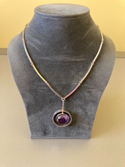 DANISH SILVER NECKLACE WITH AMETHYST PENDANT 1960S BY N E FROM - ADDITIONAL PHOTO 2
