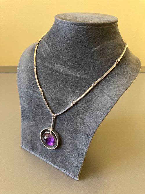 DANISH SILVER NECKLACE WITH AMETHYST PENDANT 1960S BY N E FROM - ADDITIONAL PHOTO 3