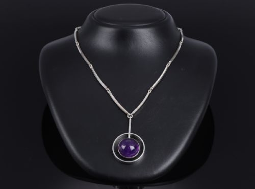 DANISH SILVER NECKLACE WITH AMETHYST PENDANT 1960S BY N E FROM - ADDITIONAL PHOTO 4