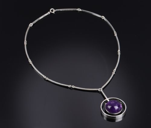 DANISH SILVER NECKLACE WITH AMETHYST PENDANT 1960S BY N E FROM - ADDITIONAL PHOTO 5