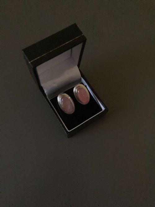 danish silver ear clips with rose quartz by n e from 1960s - CATEGORY: ANTIQUE JEWELLERY - DATED 1960