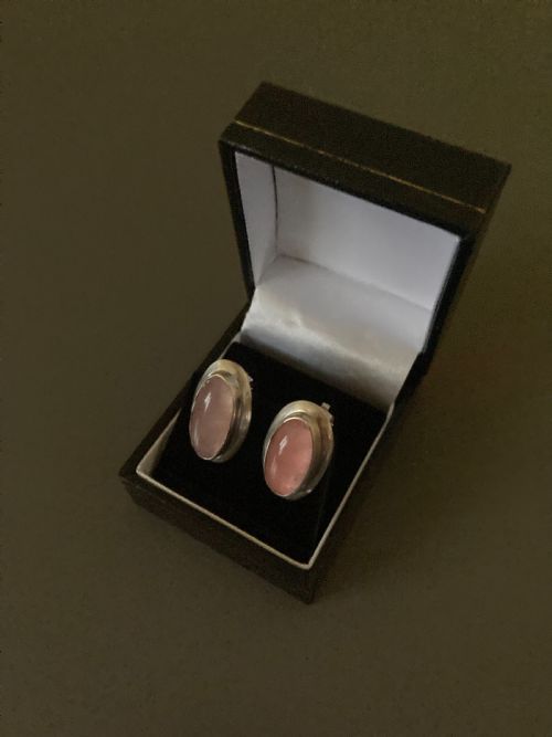 DANISH SILVER EAR CLIPS WITH ROSE QUARTZ BY N E FROM 1960S - ADDITIONAL PHOTO 2