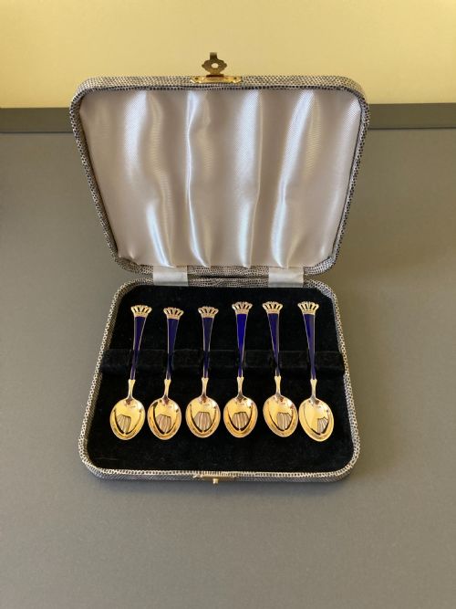 6 danish silver gilt and enamel mochacoffee spoons 1950s - CATEGORY: ANTIQUE SILVER - DATED 1950