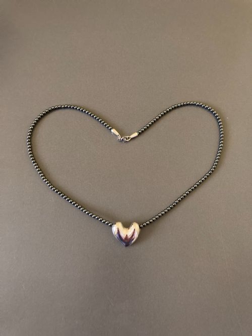 Georg Jensen Danish Silver Heart on Hematite Bead Necklace. 1960s
