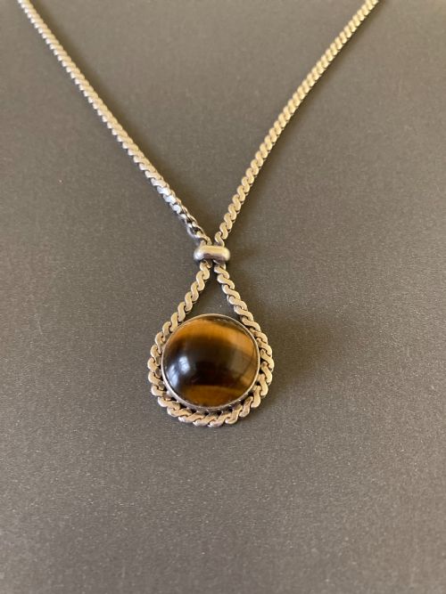 DANISH SILVER NECKLACE WITH TIGER'S EYE 1960S BY N E FROM - ADDITIONAL PHOTO 1