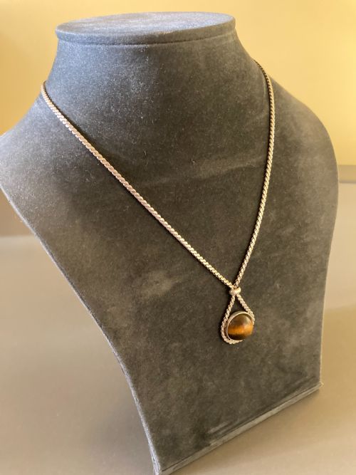 DANISH SILVER NECKLACE WITH TIGER'S EYE 1960S BY N E FROM - ADDITIONAL PHOTO 3