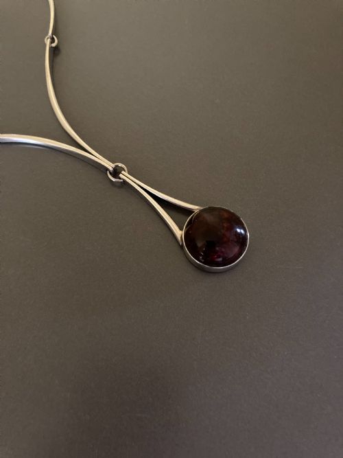 DANISH SILVER NECKLACE WITH AMBER PENDANT 1960S BY N E FROM - ADDITIONAL PHOTO 1