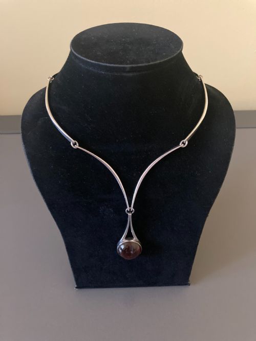 DANISH SILVER NECKLACE WITH AMBER PENDANT 1960S BY N E FROM - ADDITIONAL PHOTO 2
