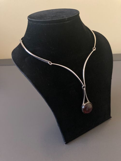DANISH SILVER NECKLACE WITH AMBER PENDANT 1960S BY N E FROM - ADDITIONAL PHOTO 3