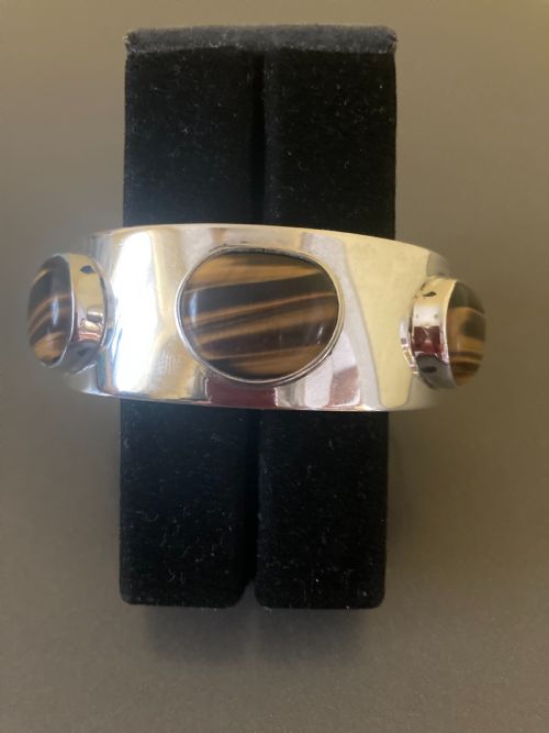 DANISH SILVER BANGLE WITH TIGERS EYES BY ARNE JOHANSEN 1960S - ADDITIONAL PHOTO 2