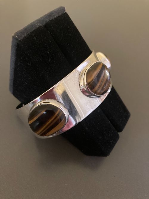 DANISH SILVER BANGLE WITH TIGERS EYES BY ARNE JOHANSEN 1960S - ADDITIONAL PHOTO 3
