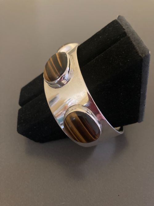 DANISH SILVER BANGLE WITH TIGERS EYES BY ARNE JOHANSEN 1960S - ADDITIONAL PHOTO 4