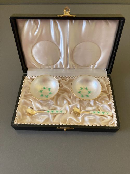 danish silver and enamel pair of salts 1950s - CATEGORY: ANTIQUE SILVER - DATED 1950