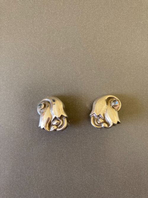 georg jensen danish silver and moonstone ear clips no 100a - CATEGORY: ANTIQUE SILVER - DATED 1950
