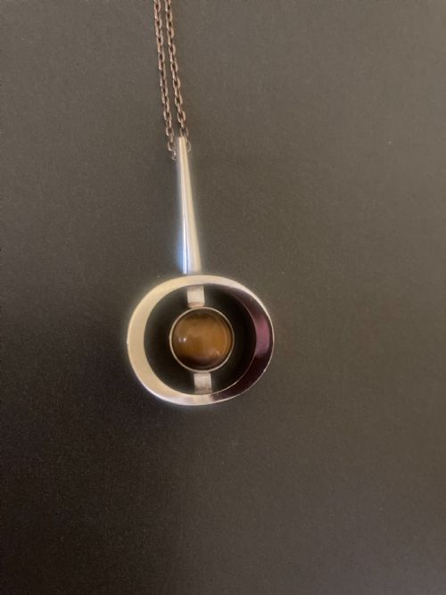 DANISH SILVER PENDANT WITH TIGERS EYE BY N E FROM 1960S - ADDITIONAL PHOTO 1
