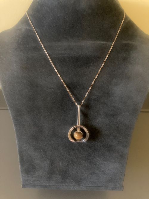 DANISH SILVER PENDANT WITH TIGERS EYE BY N E FROM 1960S - ADDITIONAL PHOTO 2