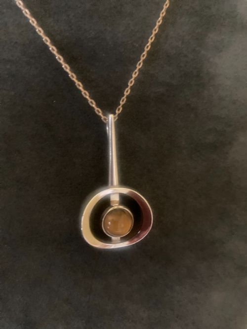 DANISH SILVER PENDANT WITH TIGERS EYE BY N E FROM 1960S - ADDITIONAL PHOTO 3