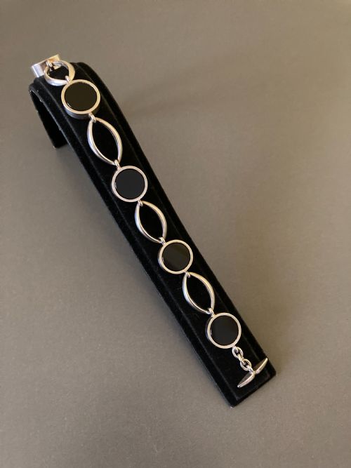 DANISH STERLING SILVER BRACELET WITH POLISHED ONYX 1960S BY N E FROM - ADDITIONAL PHOTO 1