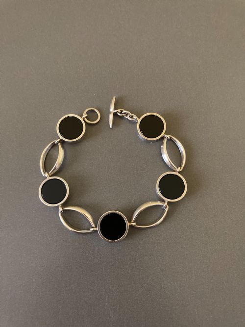 DANISH STERLING SILVER BRACELET WITH POLISHED ONYX 1960S BY N E FROM - ADDITIONAL PHOTO 2