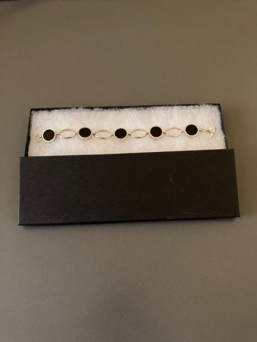 DANISH STERLING SILVER BRACELET WITH POLISHED ONYX 1960S BY N E FROM - ADDITIONAL PHOTO 3