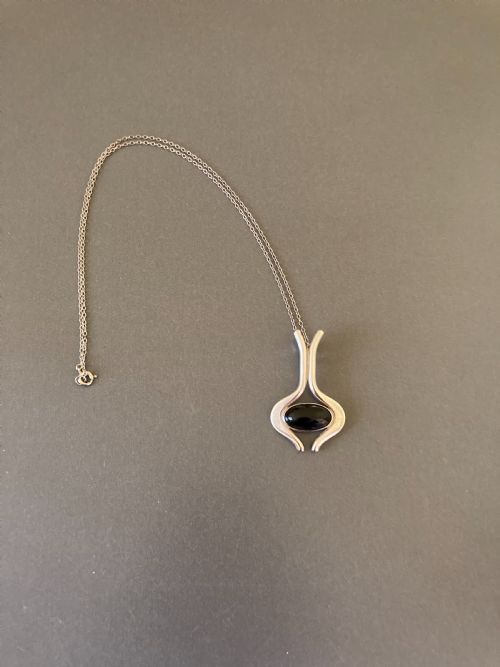 DANISH SILVER PENDANT WITH POLISHED ONYX 1960S BY N E FROM - ADDITIONAL PHOTO 1