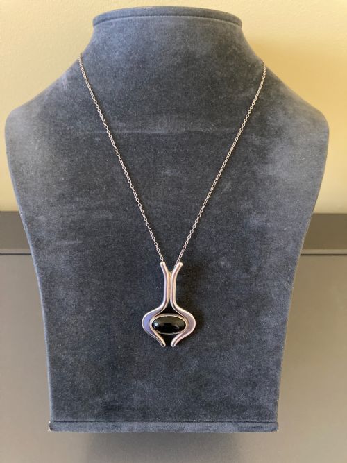 DANISH SILVER PENDANT WITH POLISHED ONYX 1960S BY N E FROM - ADDITIONAL PHOTO 2