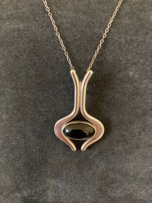 DANISH SILVER PENDANT WITH POLISHED ONYX 1960S BY N E FROM - ADDITIONAL PHOTO 3