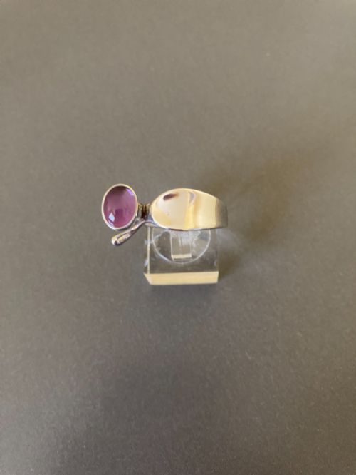 Georg Jensen Danish Silver Ring with Cabochon Amethyst. 1960s. By Vivianna Torun Bulow Hube.