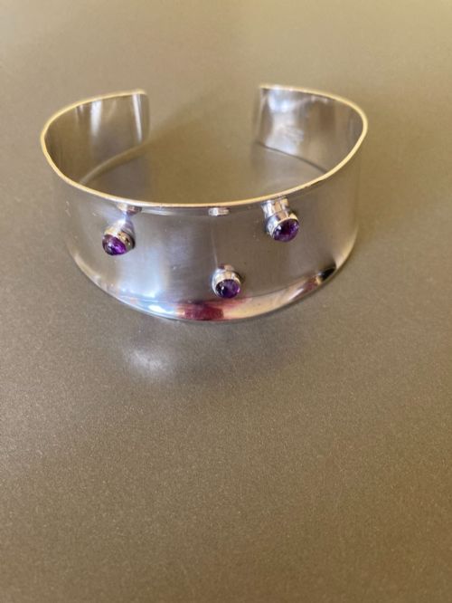 Danish Silver Bangle with 3 Cabochon Amethysts. By N E From. 1960s.
