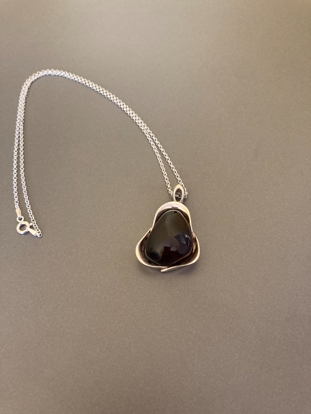 Danish Silver Pendant with Large Polished Cherry Amber. 1960s. View II