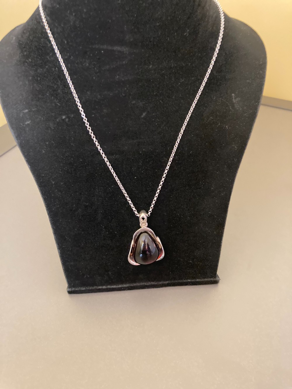 Danish Silver Pendant with Large Polished Cherry Amber. 1960s. View III