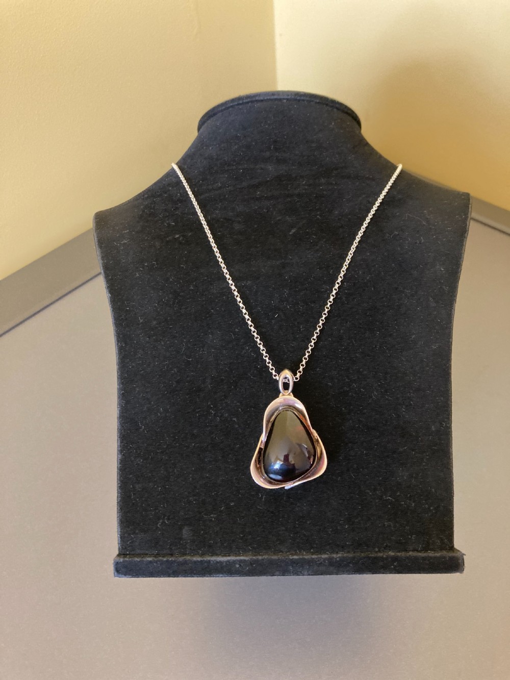 Danish Silver Pendant with Large Polished Cherry Amber. 1960s. View V