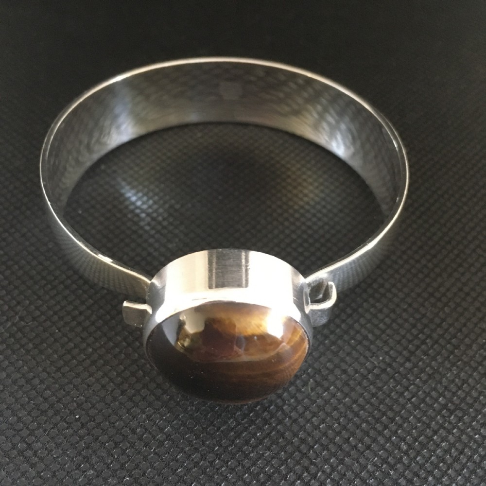 Danish Silver Bangle with Tigers Eye. 1960s. By N E From View II