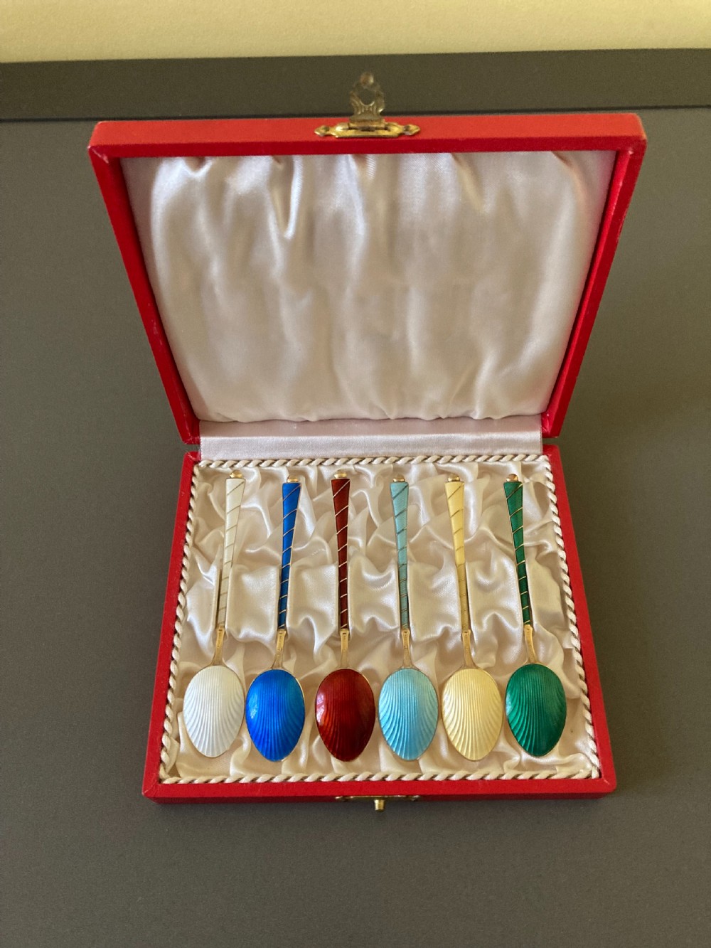 6 Danish Silver Gilt and Enamel Mocha Spoon. 1950s.