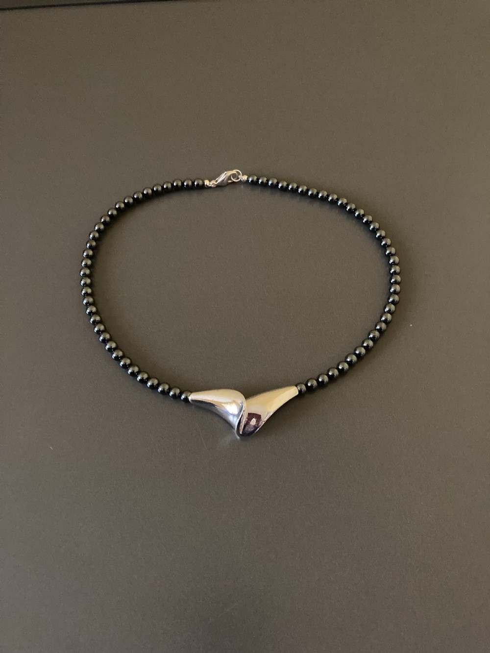 Danish Silver Pendant on Hematite Necklace. 1960s.